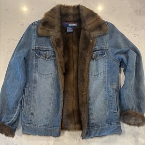 VTG 80s Style NY Classics Brown Fur Lined Denim Blue Jean Jacket Boho Retro SM